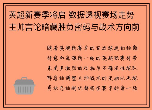 英超新赛季将启 数据透视赛场走势 主帅言论暗藏胜负密码与战术方向前瞻 英超新赛季将启 数据透视赛场走势 主帅言论暗藏胜负密码与战术方向前瞻